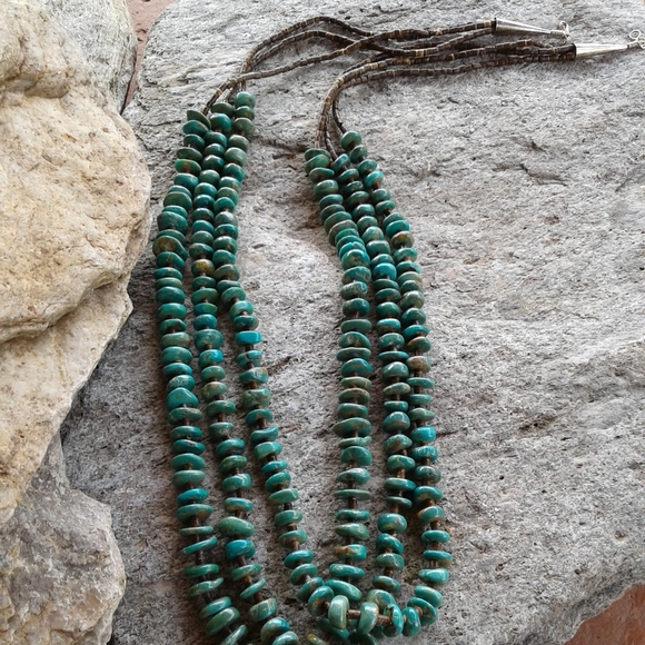 Sterling SilverGenuine TURQUOISE 3 STRAND NECKLACE - Picture 7 of 7